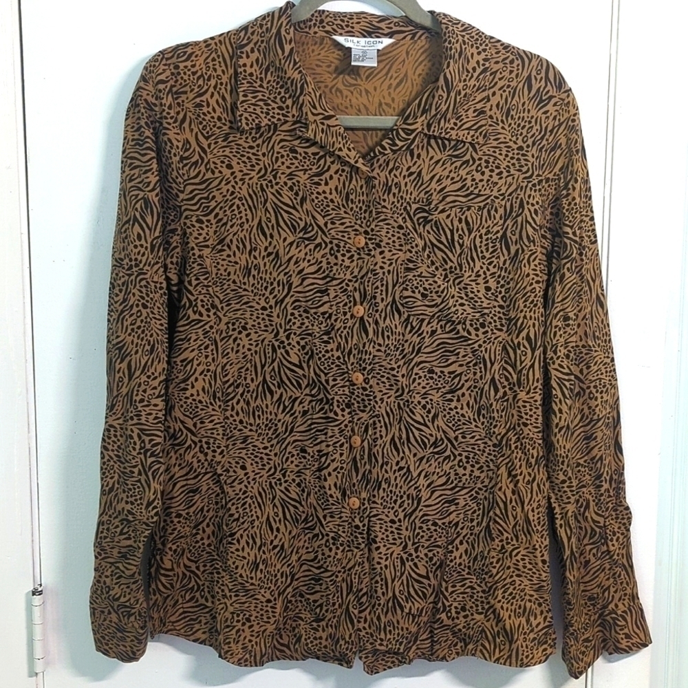 EUC Vintage 100% Silk Leopard Tiger Print Button Down 90s Y2K Elegance! Sz M - Picture 2 of 6